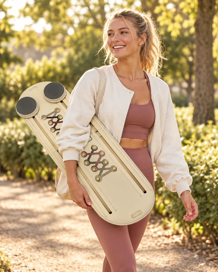 Woman carrying the board through a park